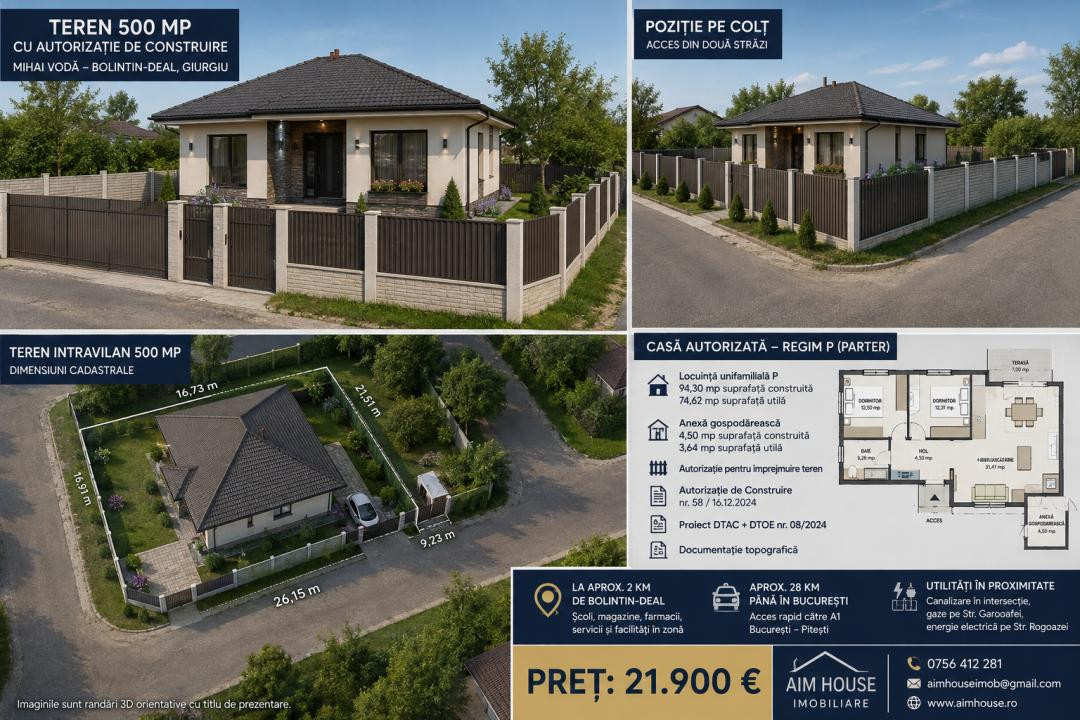 🏡 Teren 500 mp cu Autorizație de Construire + Proiect | Bolintin-Deal