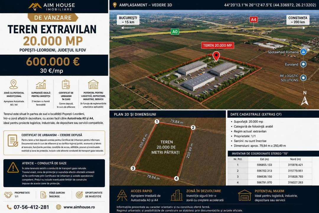 TEREN 20.000 MP | POPEȘTI-LEORDENI | ZONA STR. MECANIZĂRII | A0/A4