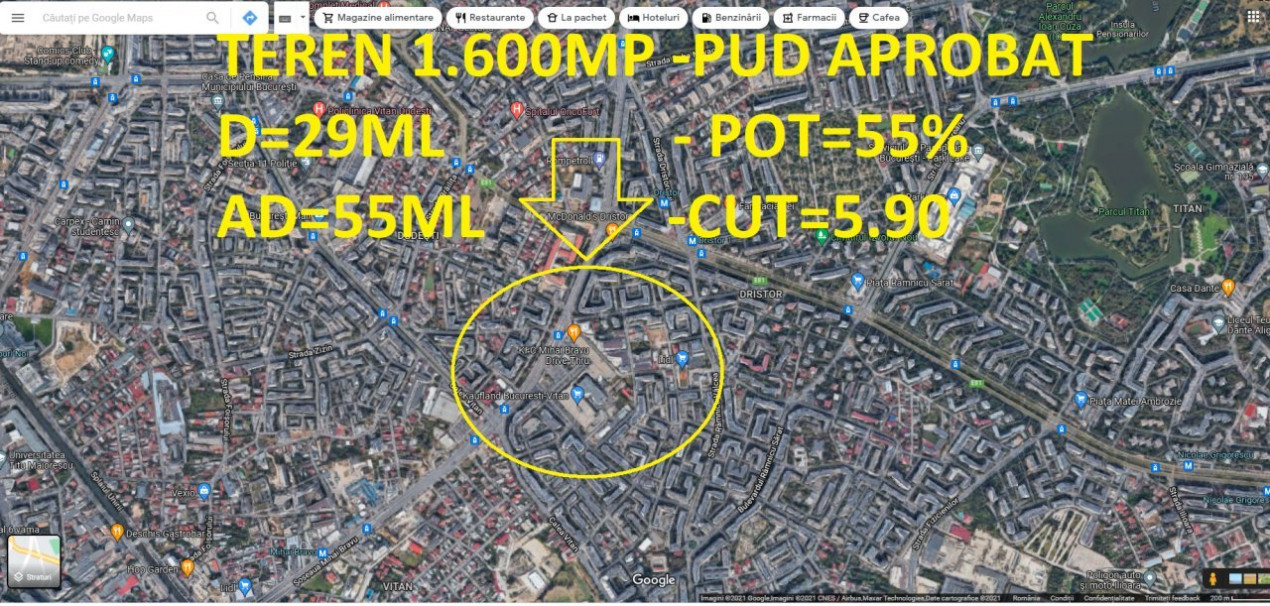Teren 1.600mp Dristor cu PUD aprobat,D= 29ml/AD=55ml